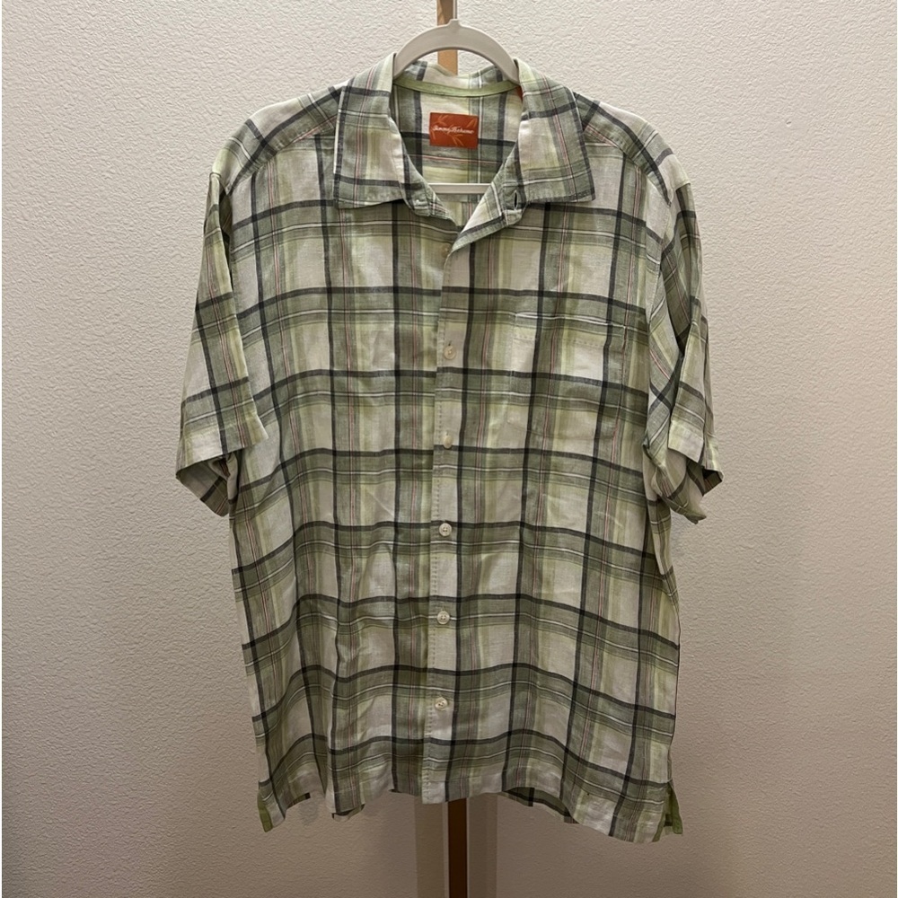 Tommy Bahama Green & Cream 100% Linen Short Sleeve Logo Tag Men's Shirt Large